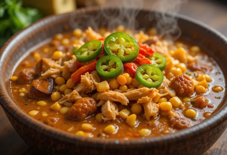 A steaming bowl of Street Corn Chicken Chili with rich red broth, garnished with charred corn, jalapeños, and a swirl of chili oil.