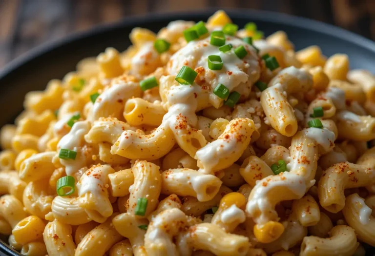 Macro image of smoky street corn macaroni pasta salad with red onion and cilantro.