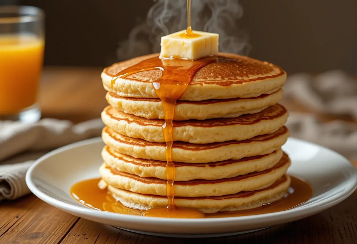 Tall stack of golden fluffy pancakes with butter melting on top and syrup cascading down, captured mid-pour in sharp HDR on a white plate with soft rustic background.