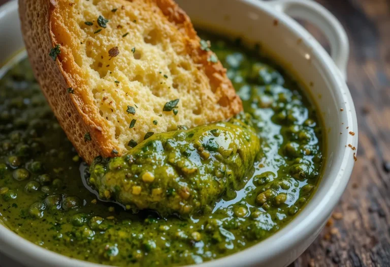 Close-up of chimichurri sauce showing finely chopped parsley, garlic, and chili flakes mixed in olive oil. The herbs glisten with a light oil sheen, and the textures of each ingredient are clearly visible.