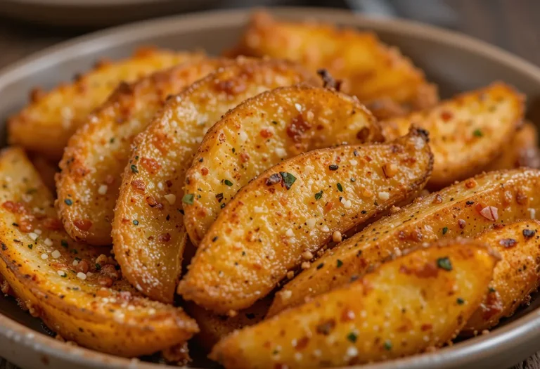 Crispy air fryer potato wedges with bold seasoning and herbs served on a dark plate.