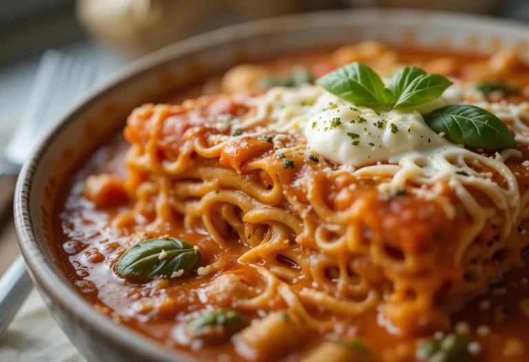 Zoomed close-up of a steaming bowl of lasagna soup – showcasing tender pasta, melted cheese, rich tomato broth, and sprinkled herbs in sharp, natural lighting.