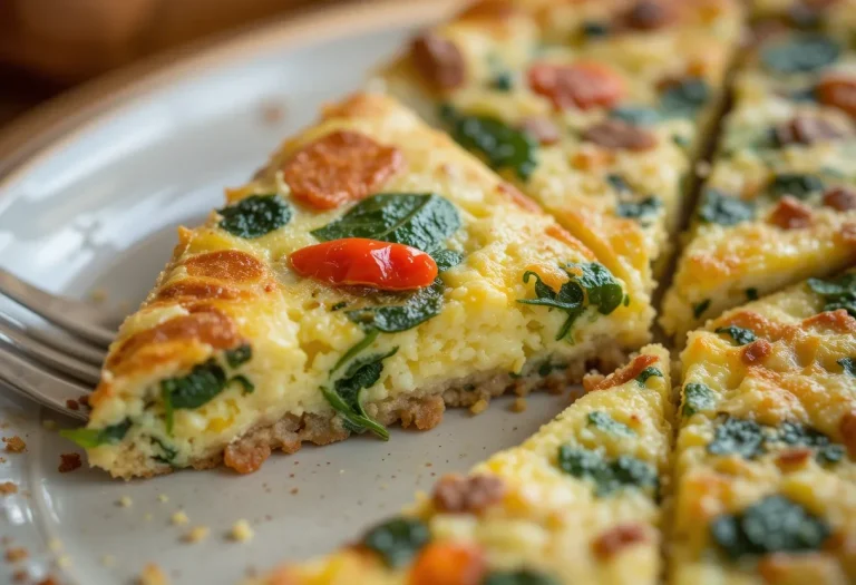 Sliced frittata on a white plate, showing fluffy eggs, spinach, and red bell peppers in close detail.
