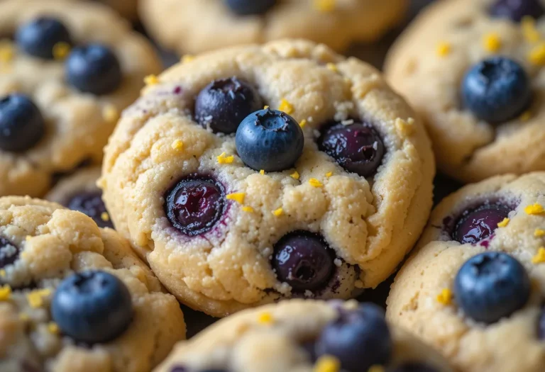 Close-up of golden vegan lemon blueberry cookies, with visible lemon zest and bursting blueberries.