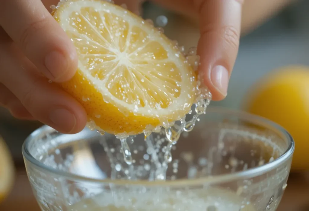 Tightly cropped image of creamy lemonade topped with a floating lemon slice and a fresh mint sprig, highlighting the frothy surface.