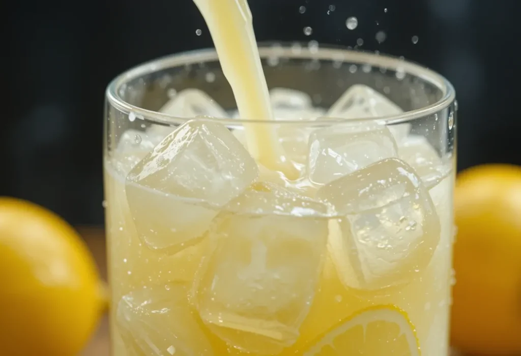 Overhead zoomed-in view of creamy lemonade in a glass pitcher, showing the smooth, pale yellow texture and tiny bits of lemon zest.