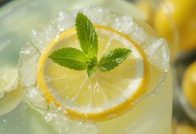 Close-up of a spoon stirring thick sweetened condensed milk into fresh lemon juice inside a glass pitcher, with creamy swirls visible.