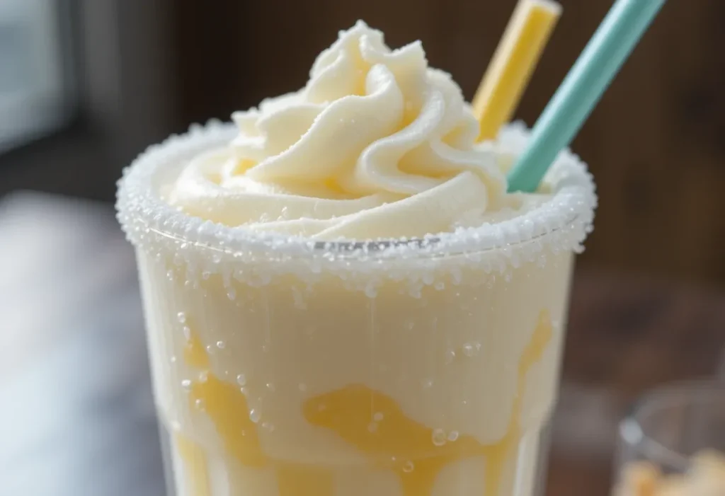 Macro shot of creamy lemonade being poured into a glass filled with ice, with condensation forming on the outside of the glass.