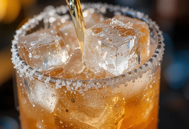 Zoomed-in view of a Paloma cocktail in a tall glass with a salted rim, filled with ice and a pale pink grapefruit mix, garnished with a grapefruit wedge and rosemary sprig, with condensation on the glass.