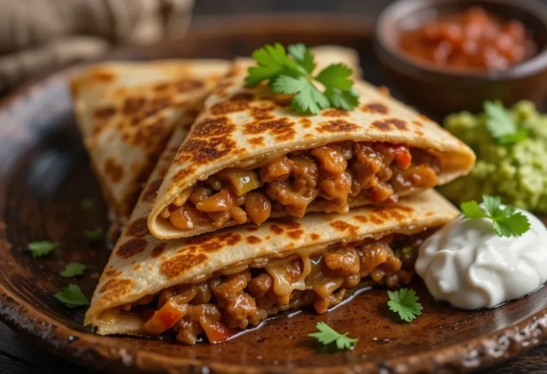 Close-up of sliced steak fajita quesadillas on a wooden board – golden-brown tortillas filled with grilled steak, bell peppers, and melted cheese.