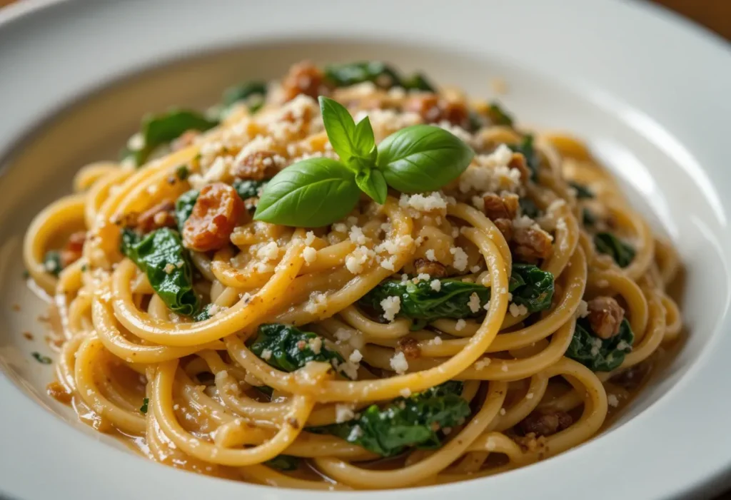 Zoomed-in plated Spaghetti & Spinach with Sun-Dried Tomato Cream Sauce topped with Parmesan and basil.