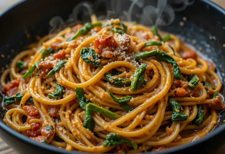 Detailed close-up of creamy Spaghetti & Spinach with Sun-Dried Tomato Cream Sauce in a black serving bowl.