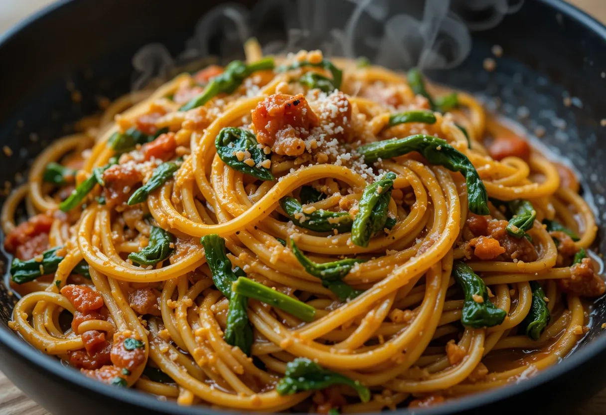 Detailed close-up of creamy Spaghetti & Spinach with Sun-Dried Tomato Cream Sauce in a black serving bowl.