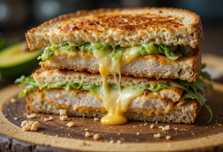 Zoomed-in Chicken Avocado Melt Sandwich sliced diagonally with melted cheese and avocado visible on toasted ciabatta.