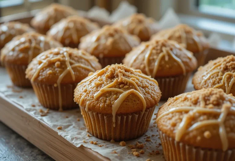 Close-up of a maple cinnamon banana muffin with golden crumb topping, banana pieces, and a glossy maple glaze drizzle in a white paper liner.