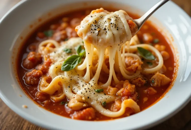 Close-up of one-pot lasagna soup with gooey mozzarella, beef, and pasta in tomato sauce, garnished with basil and pepper flakes.
