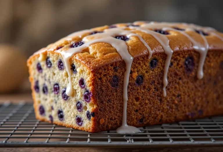 Zoomed side view of a lemon blueberry loaf on a cooling rack, fresh lemon glaze dripping over the golden edges with blueberries throughout the loaf.