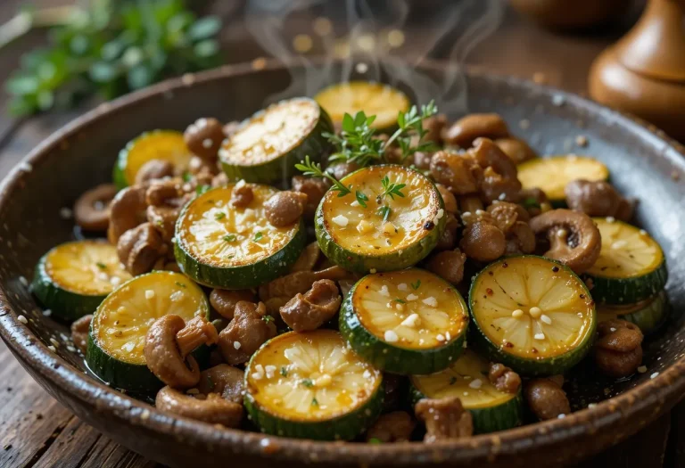 Macro view of caramelized zucchini and mushrooms served hot, with crisp edges and herb-infused garlic oil.