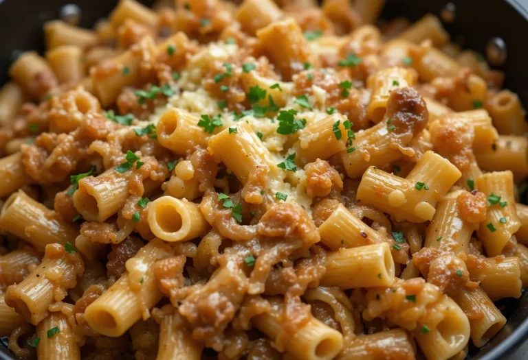 Extreme close-up of rigatoni pasta in rich onion cream sauce with golden-browned cheese crust on top.