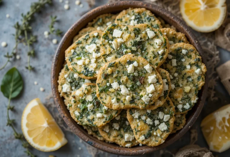 Top-down view of spinach and feta crisps arranged on a black plate, topped with sesame seeds and oregano, with lemon zest scattered around.