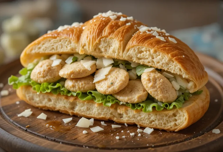 Angled shot of a halved Chicken Caesar Croissant Sandwich on a plate with Caesar dressing and a lemon wedge, showing creamy filling.