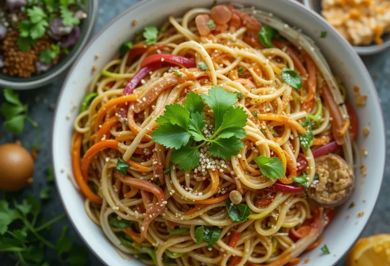Overhead view of a colorful cold ramen noodle salad with curly noodles, shredded carrots, red cabbage, cucumbers, and sesame seeds garnished with fresh cilantro.