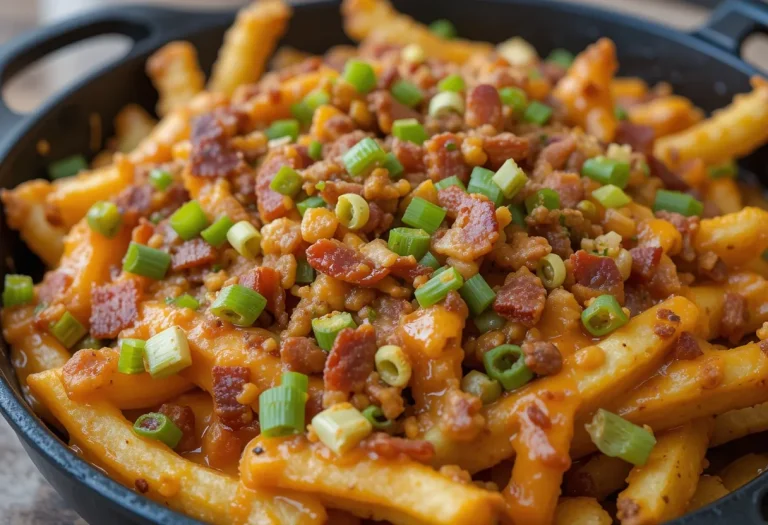 Crispy golden Louisiana Voodoo Fries in a cast iron skillet, topped with melted cheese, Cajun seasoning, bacon bits, and chopped green onions.