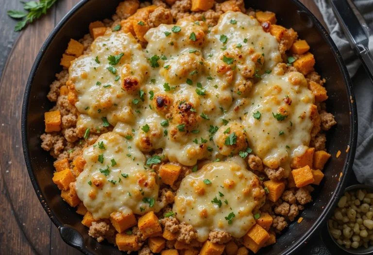 Overhead view of Ground Turkey Sweet Potato Bake in a cast iron skillet, topped with melted cheese, roasted sweet potatoes, and fresh green herbs.