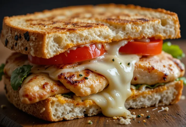 Extreme close-up of stacked Chicken Caprese Panini layers