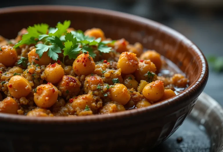 Overhead view of spicy baked zucchini chickpea curry in a black skillet with vibrant tomato sauce, golden chickpeas, and tender zucchini slices.