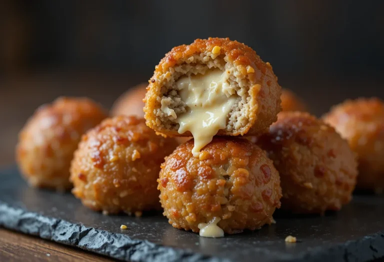 Golden brown Cream Cheese Sausage Balls on a parchment-lined tray, with cheese visibly melted and crisped edges under warm lighting.