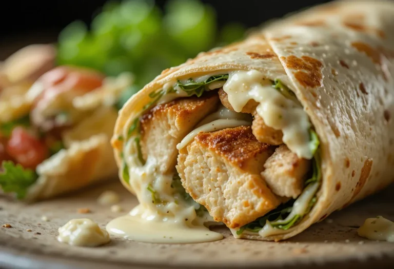 Overhead shot of neatly stacked Chicken Caesar Wrap halves on a wooden board, garnished with herbs and fresh ground pepper.