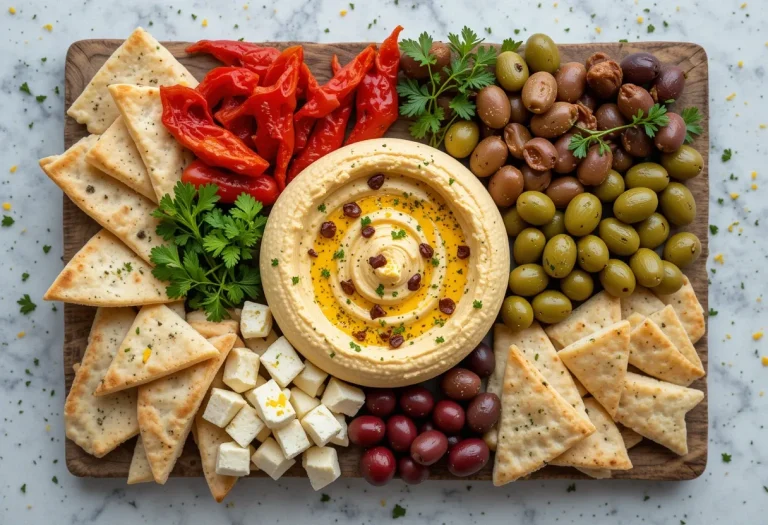 Mediterranean-Inspired Appetizers in a rustic wooden plate