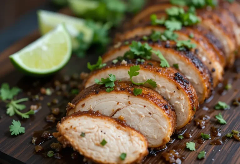 Sliced Pollo Asado chicken breast on a rustic wooden board, garnished with fresh cilantro and lime wedges, showing rich caramelized edges.