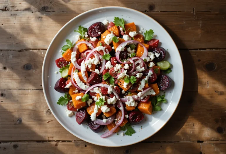 Creamy Roasted Beet Salad with Sweet Potato & Feta