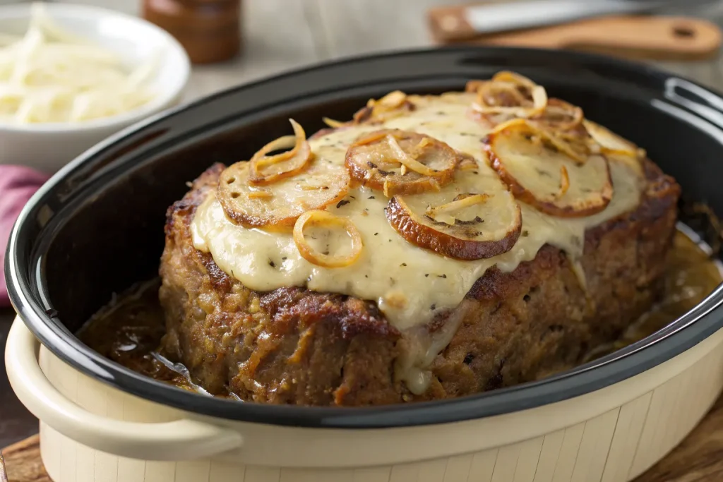 Crockpot French Onion Meatloaf with Melted Swiss Cheese