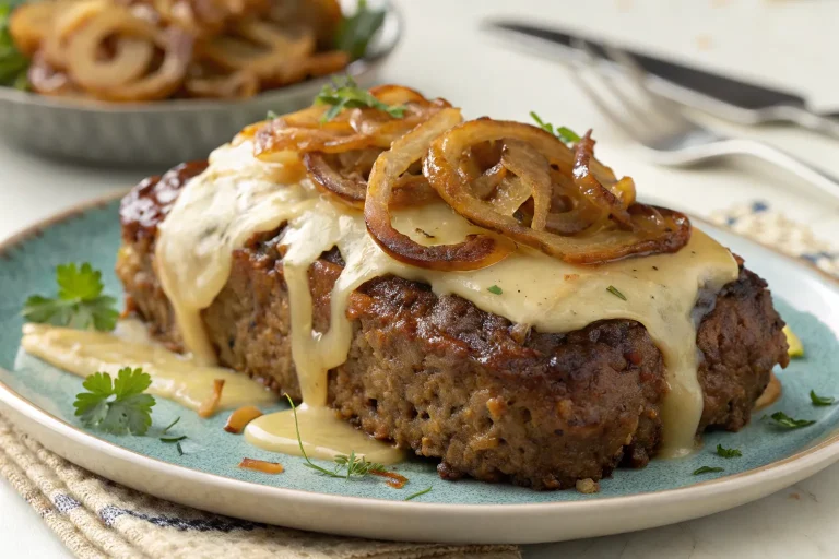 Crockpot French Onion Meatloaf with Melted Swiss Cheese