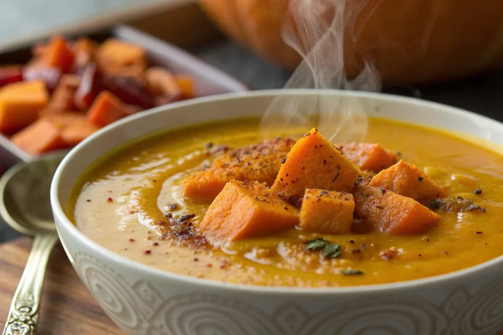 Spicy Butternut Squash Sweet Potato Soup – Creamy Vegetarian Autumn Soup