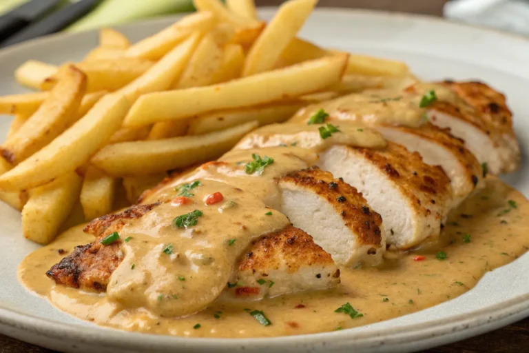Chicken Fillet in Spicy Creamy Garlic-Parmesan Sauce with Fries