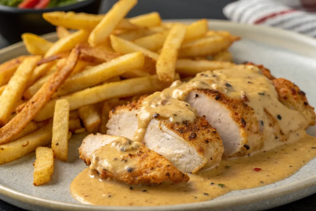 Chicken Fillet in Spicy Creamy Garlic-Parmesan Sauce with Fries
