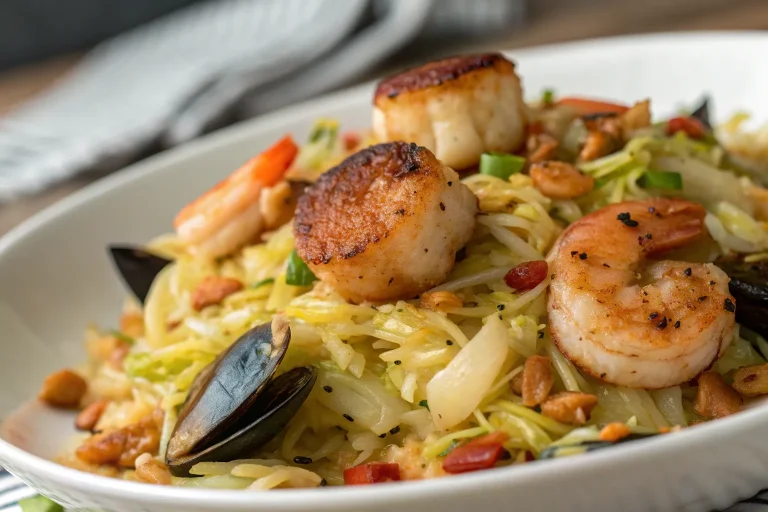 Fried Cabbage with Seafood Trio