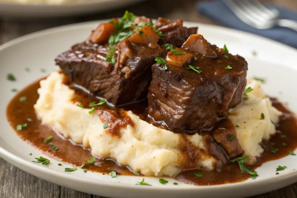 Braised Short Ribs with Red Wine & Creamy Garlic Mash