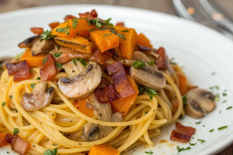 Pumpkin & Mushroom Spaghetti with Crispy Bacon