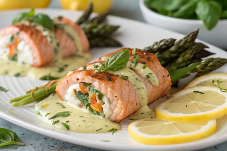 Asparagus and Lemon Basil Ricotta Stuffed Salmon Rolls with Lemon Sauce