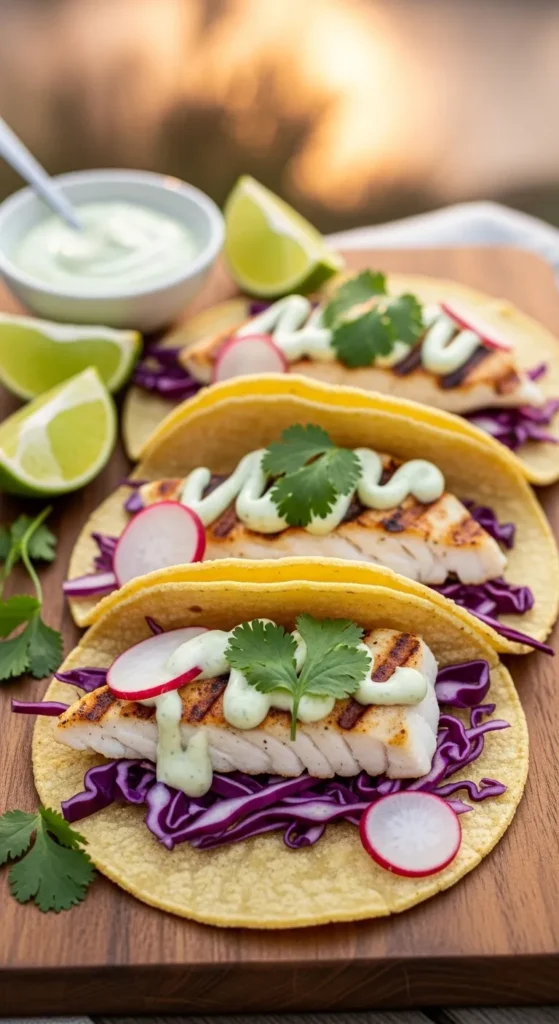 Grilled Fish Tacos with Lime Crema
