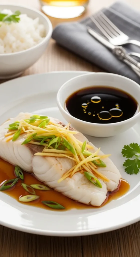 Steamed Halibut with Ginger and Soy Sauce 