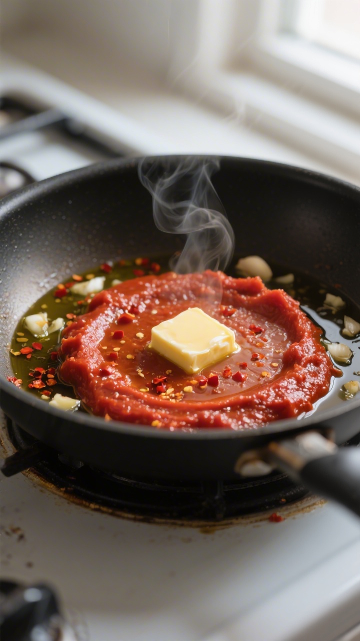 Cooking process close-up: Tomato paste toasting in a skillet with olive oil and a pat of melted butt