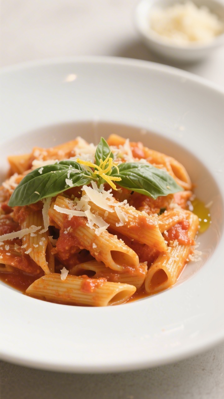 Final plated dish beauty: Restaurant-quality plating of creamy tomato basil pasta (penne) in a wide 