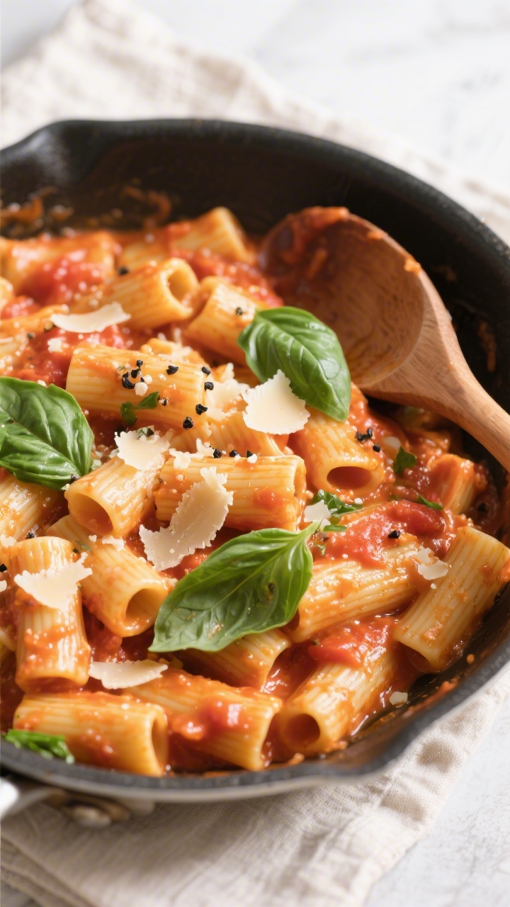 Tasty top view: Overhead shot of creamy tomato basil pasta (rigatoni) just tossed in the pan—sauce