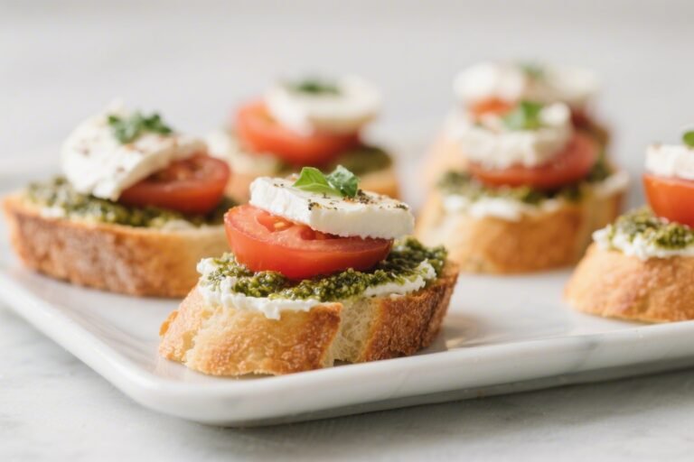 Caprese-Inspired Crostini With Pesto Cream Cheese, Tomato & Mozzarella